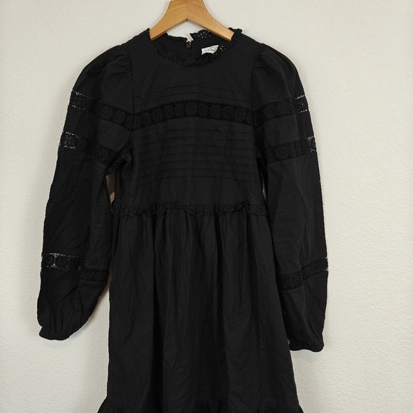 & Other Stories Boho Black Poplin Lace Cotton Long Sleeve Mini Dress Black SZ 0 - Picture 6 of 15